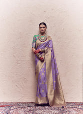 Contrasting Fancy Blouse Saree on Pure Crape Dola Silk Saree with Tussles on Pallu